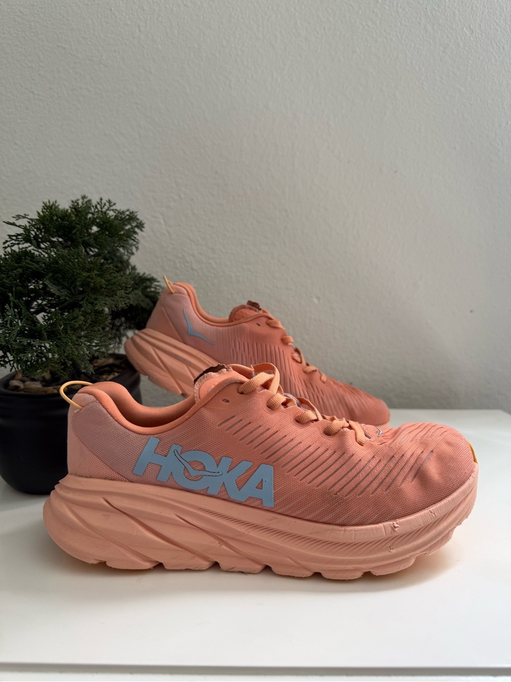 Hoka Rincon 3 Women size 7.5 Coral Peach Athletic Shoes with Light Blue Logo